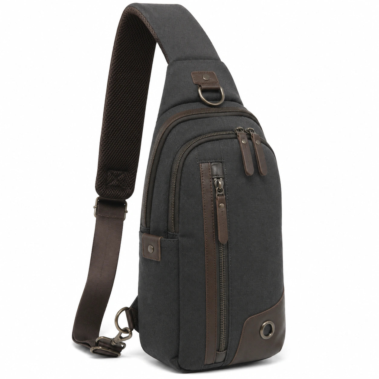 Umhängerucksack 18 x 9 x 34 cm aus Textil in Schwarz Braun für Alltag mit Reißverschlüssen