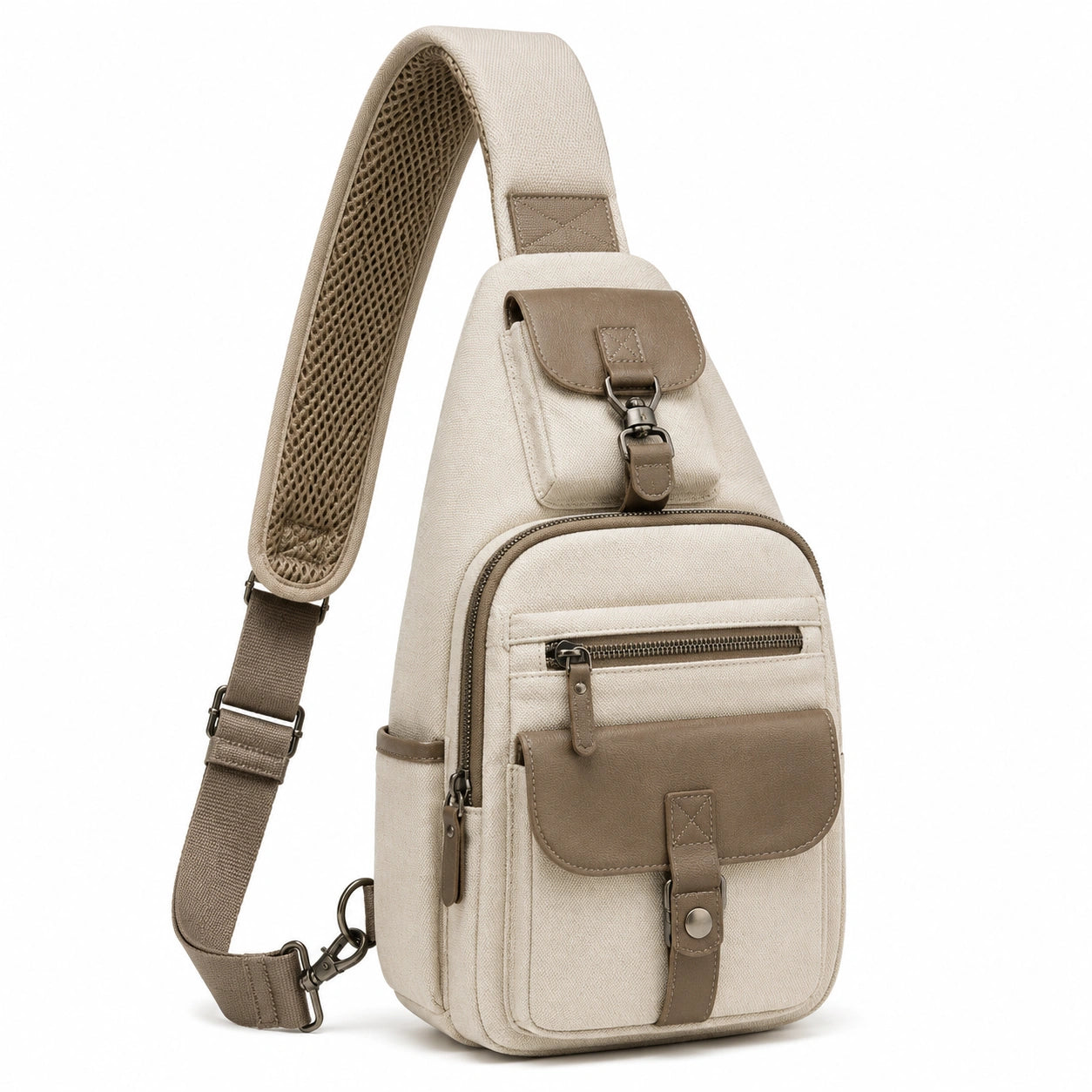 Umhängetasche 18 x 8 x 32 cm aus Textilgewebe in Beige Braun mit verstellbarem Schultergurt