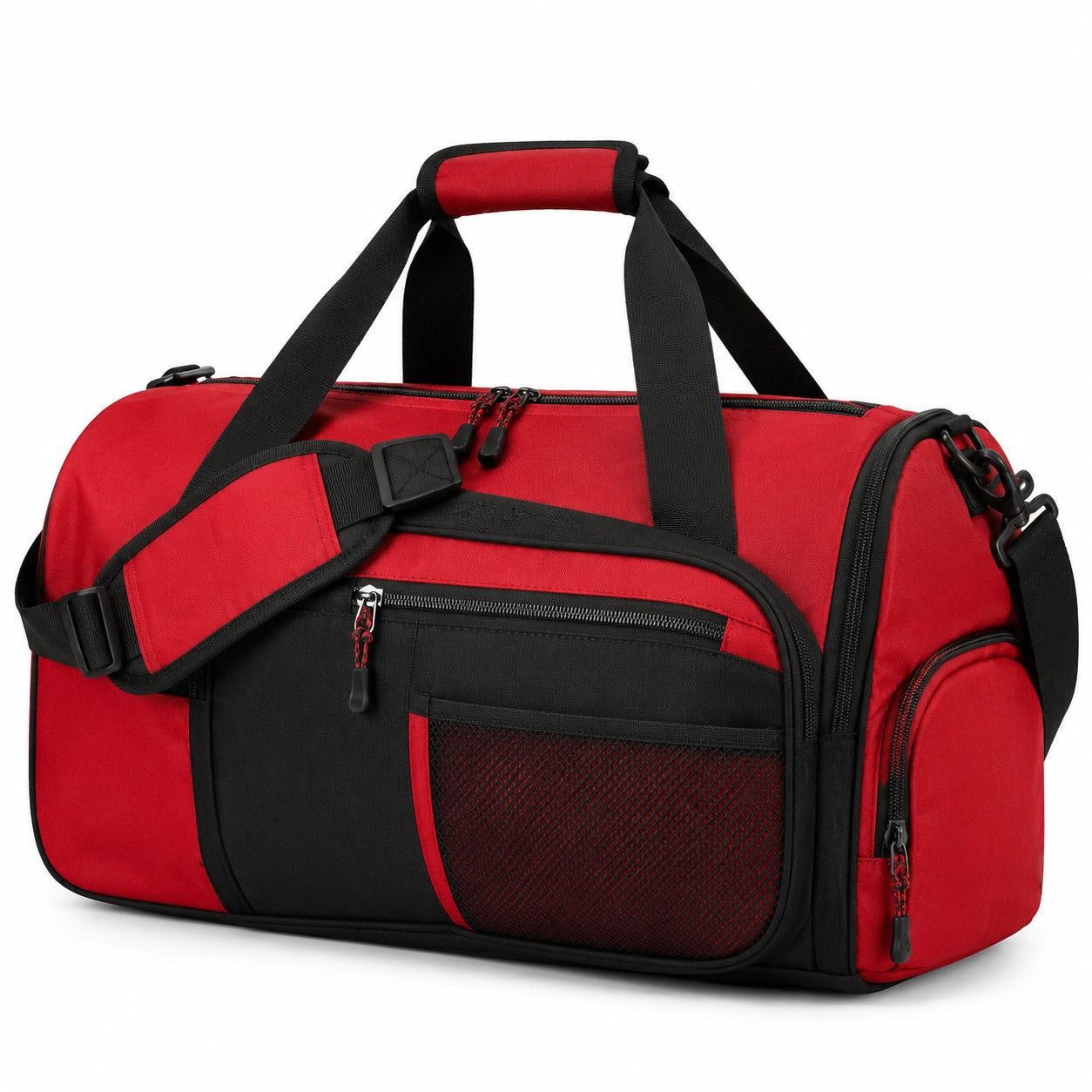 Reisetasche 50 x 25 x 28 cm aus Polyester Rot Schwarz mit Schultergurt und Mehrfachfächern