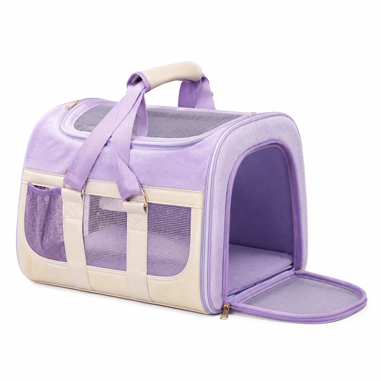 Tiertransporttasche 45 x 28 x 28 cm aus Textil in Lila Beige mit Netzfenstern und Tragegriffen