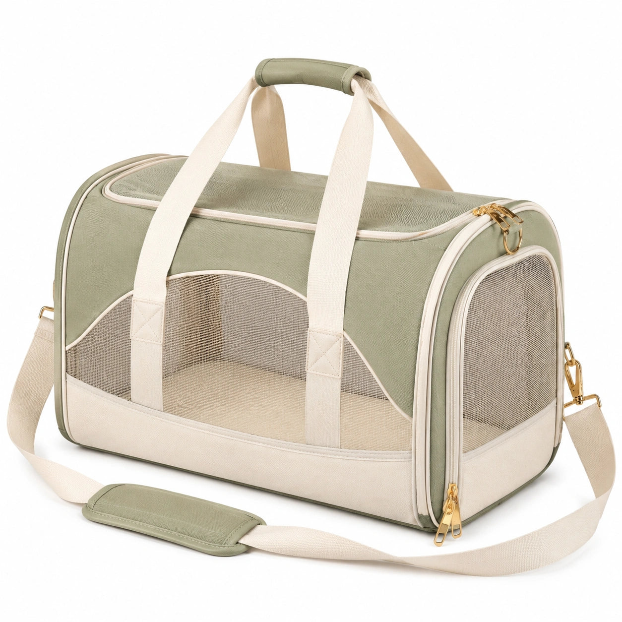 Haustier-Transporttasche 50 x 28 x 30 cm aus Textil in Salbeigrün mit Netzfenstern und Schultergurt