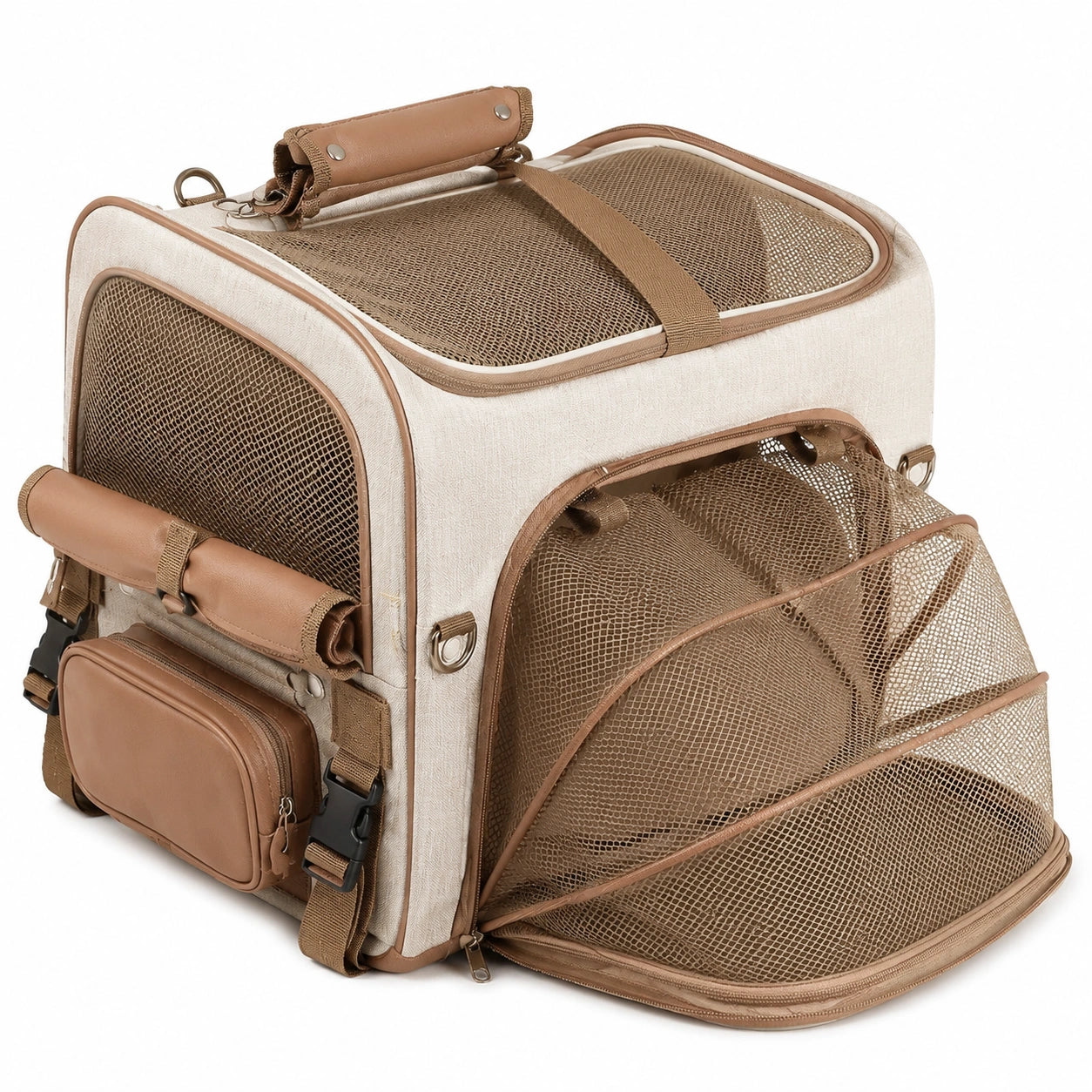 Erweiterbare Haustier-Transporttasche 42 x 28 x 30 cm aus Textilgewebe in Beige Braun mit Netzfenstern
