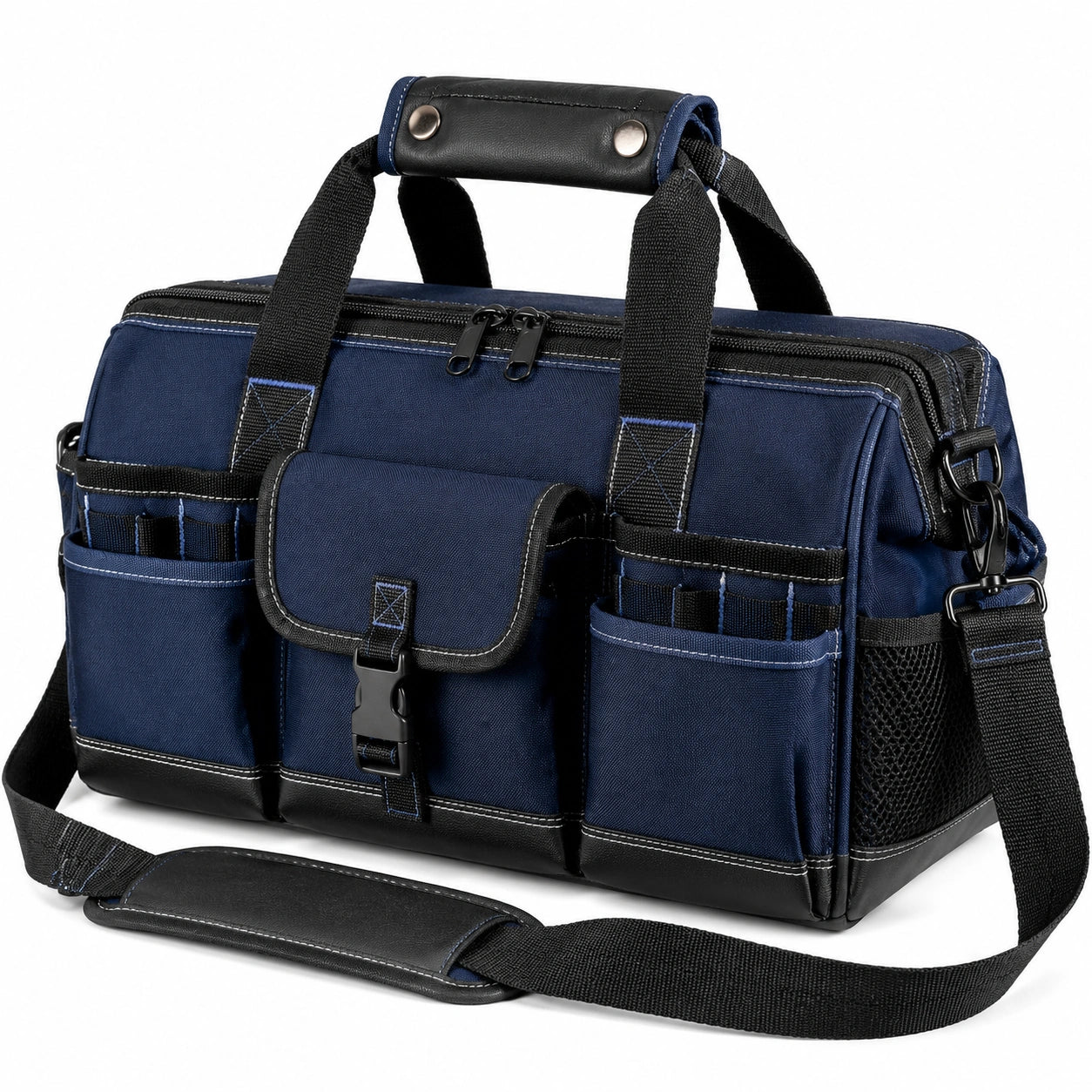Werkzeugtasche 40 x 20 x 28 cm aus Textilgewebe in Blau Schwarz mit Schultergurt und Mehrfachfächern